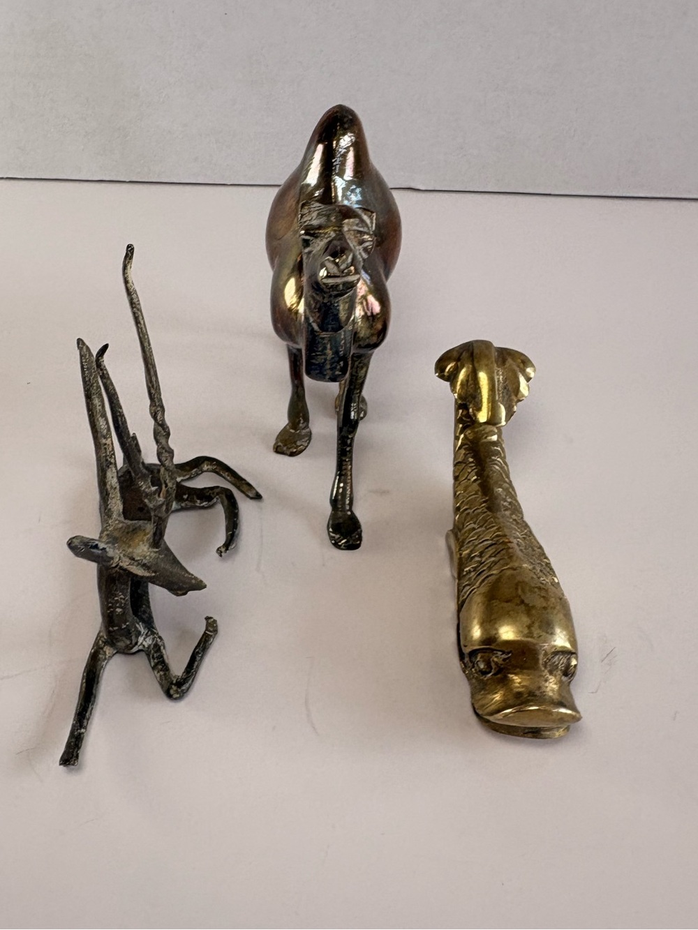🦒 Vintage Brass Animal Figurine Lot – Camel, Gazelle & Fish Sculptures Set of 3